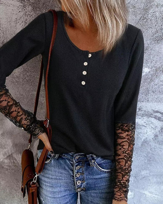 Lace Patch Buttoned Long Sleeve Top