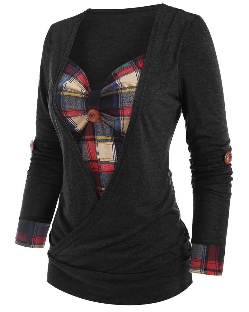 Contrast Plaid Fake Two Piece Long Sleeve Top