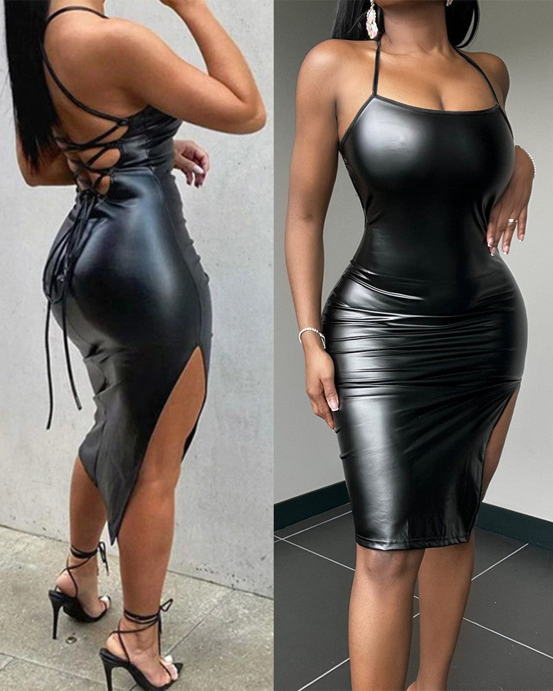 Backless Slit PU Leather Bodycon Dress