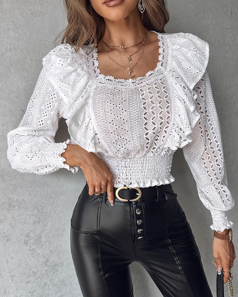 Frill Hem Eyelet Embroidery Shirred Top