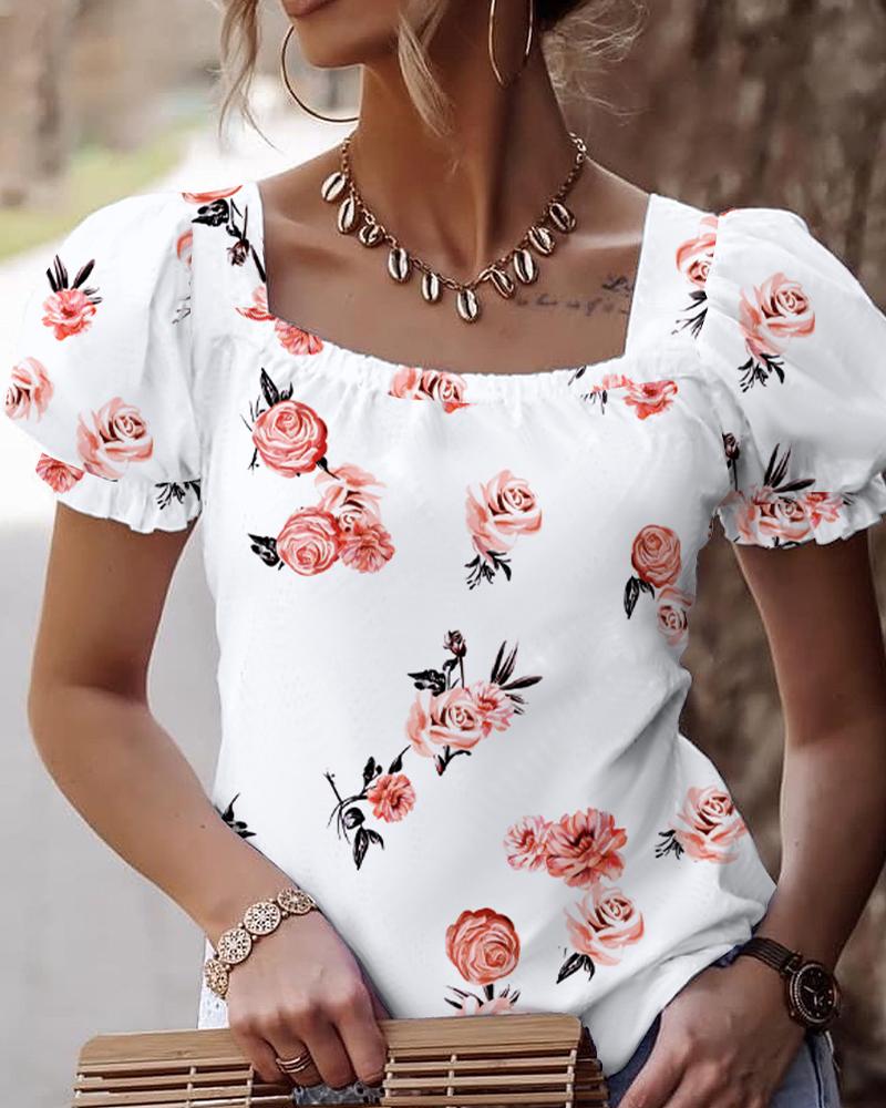 Square Neck Hollow out  Knot Back Bubble Sleeve Floral Print Blouse