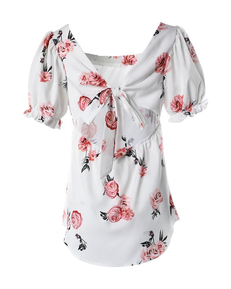 Square Neck Hollow out  Knot Back Bubble Sleeve Floral Print Blouse