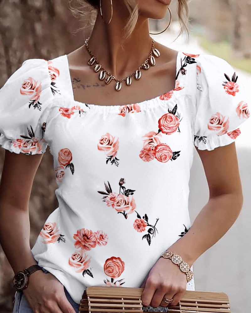 Square Neck Hollow out  Knot Back Bubble Sleeve Floral Print Blouse