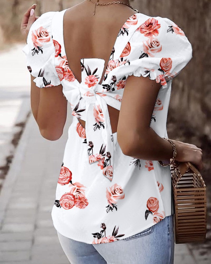 Square Neck Hollow out  Knot Back Bubble Sleeve Floral Print Blouse