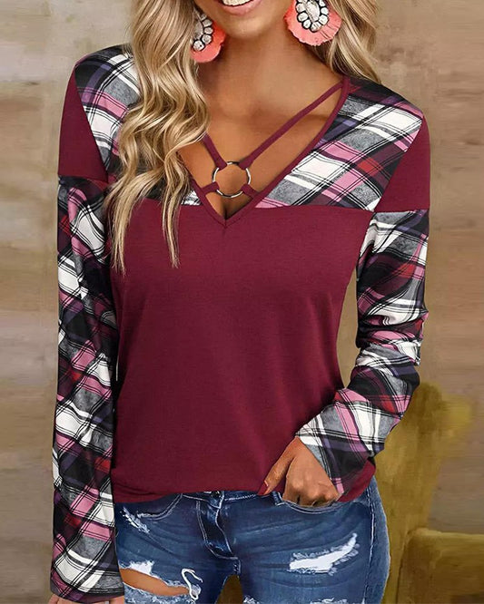 Plaid Print Hollow Out O Ring Decor Top