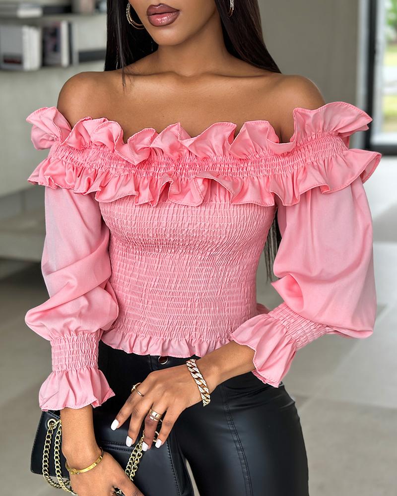 Frill Hem Shirred Off Shoulder Top