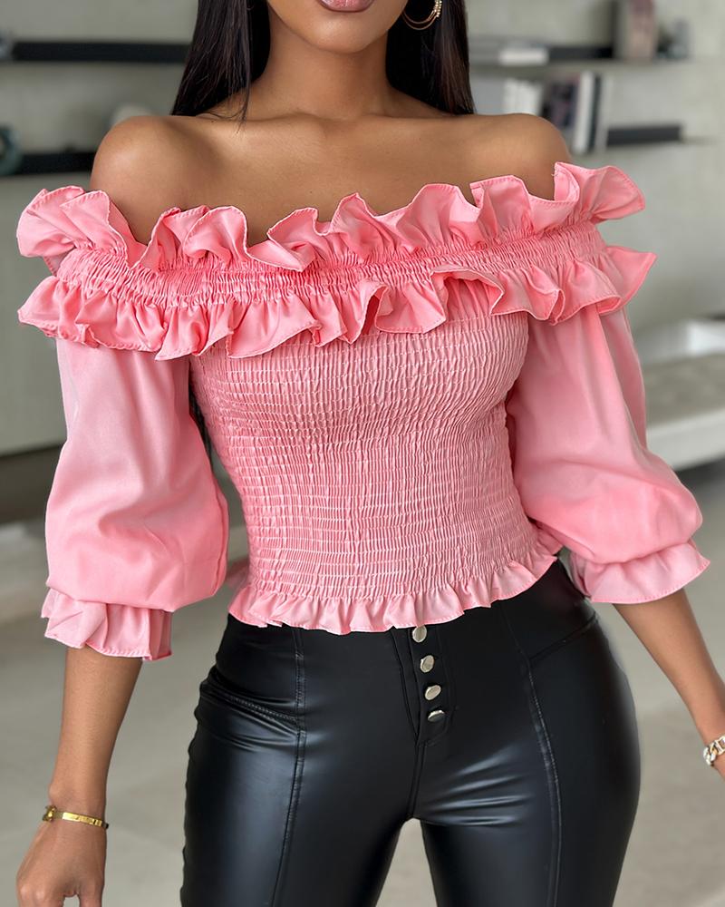 Frill Hem Shirred Off Shoulder Top