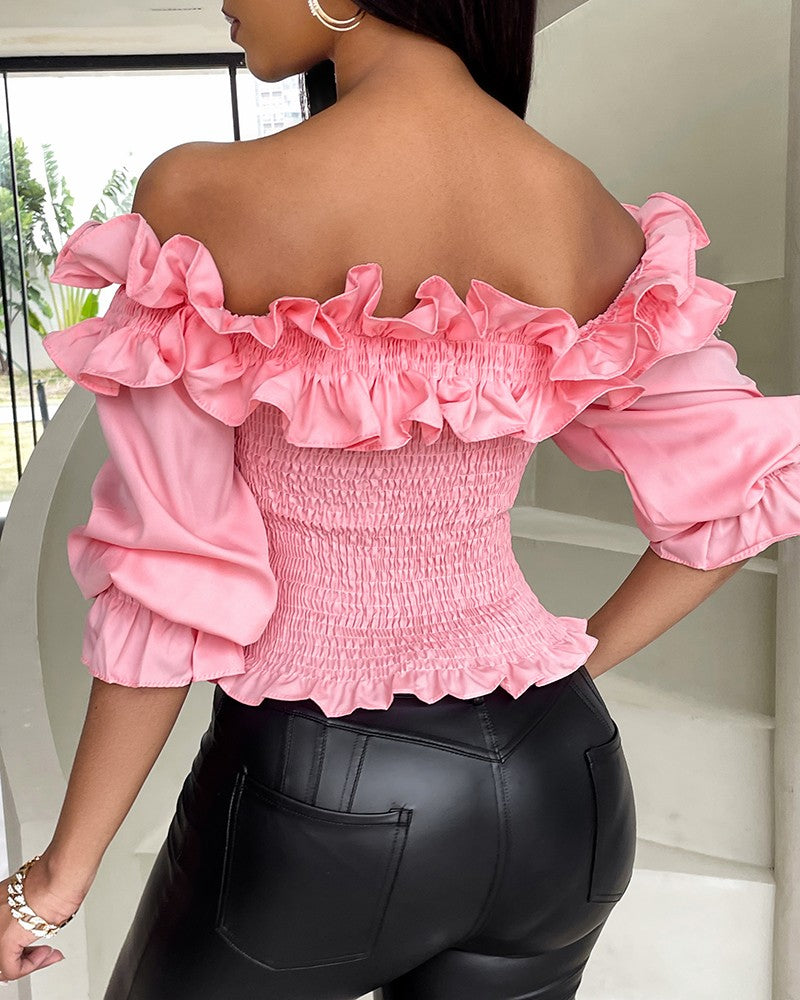 Frill Hem Shirred Off Shoulder Top