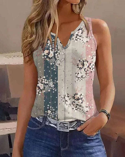 Floral Print Colorblock Notch Neck Tank Top