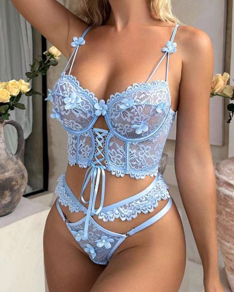 Floral Pattern Lace up Cutout Lace Lingerie Set