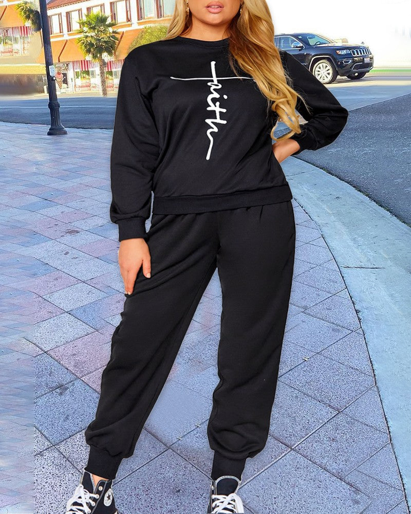 Plus Size Faith Print Sweatshirt & Drawstring Sweatpants Set