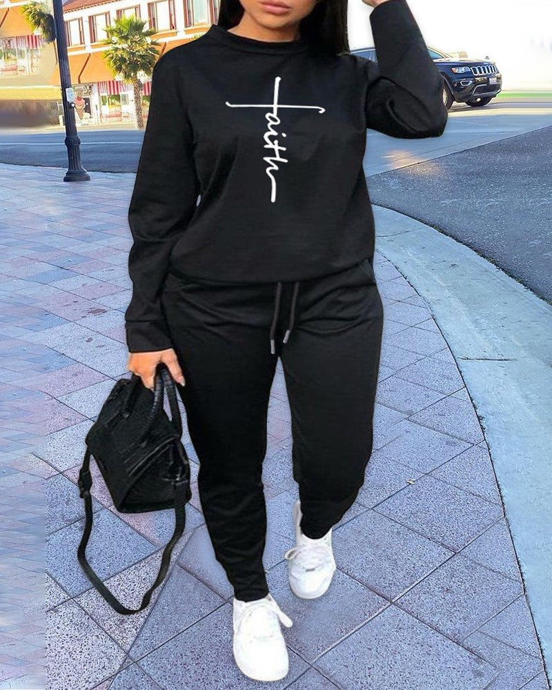 Plus Size Faith Print Sweatshirt & Drawstring Sweatpants Set