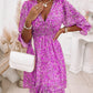 Pink Ditsy Floral Print Lantern Sleeve Ruffles Shirred Dress