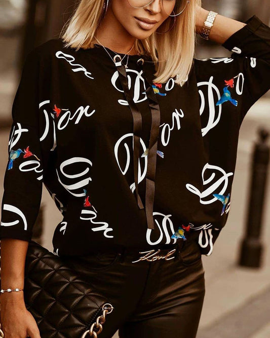 Letter Floral Print Tied Detail Long Sleeve Top