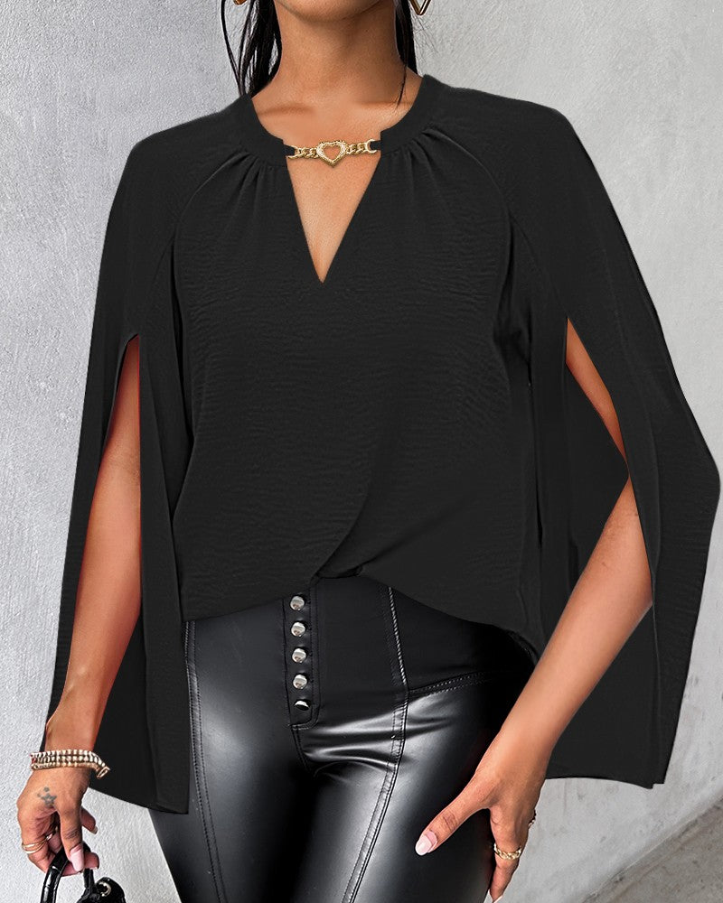 Hollow Heart Chain Decor Cape Sleeve Top