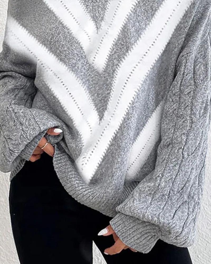 Chevron Pattern Cold Shoulder Lantern Sleeve Knit Sweater