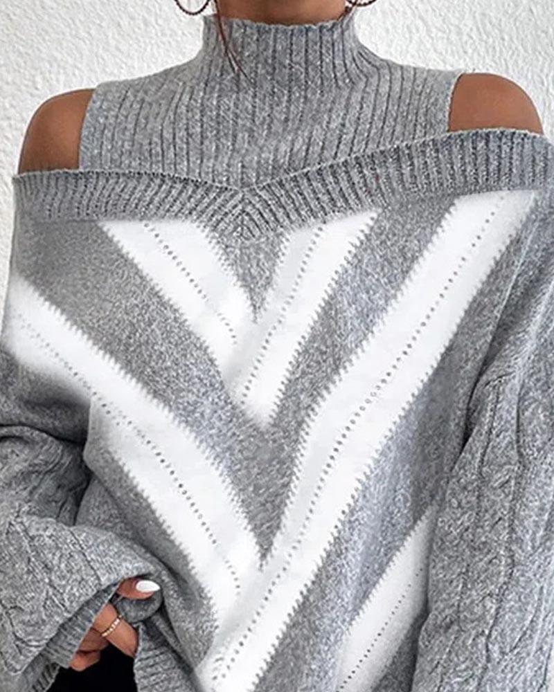 Chevron Pattern Cold Shoulder Lantern Sleeve Knit Sweater