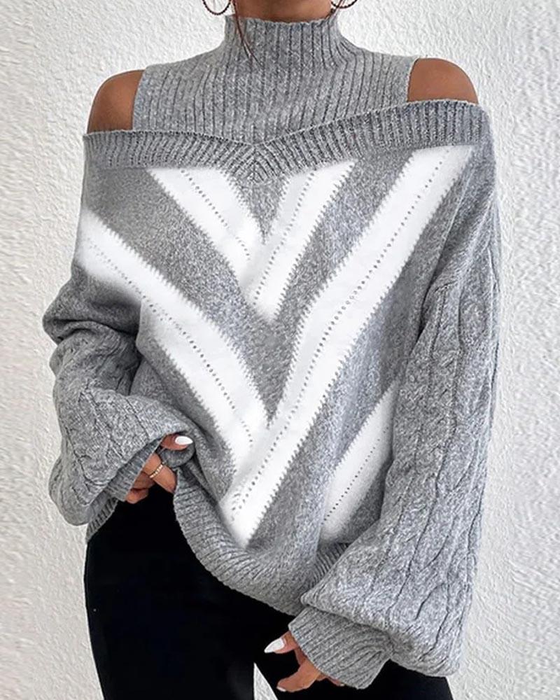 Chevron Pattern Cold Shoulder Lantern Sleeve Knit Sweater