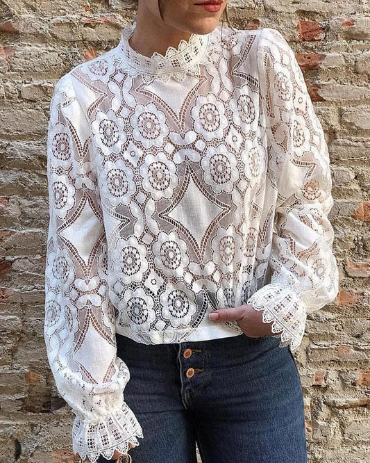 Long Sleeve Hollow Out Lace Casual Top