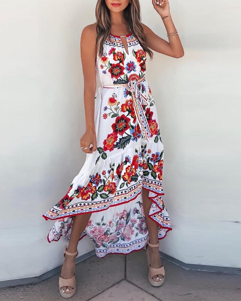 Floral Print Halter Backless Dip Hem Casual Dress