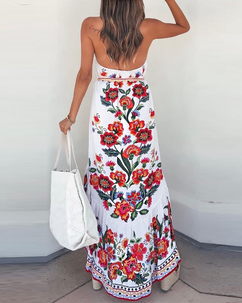 Floral Print Halter Backless Dip Hem Casual Dress