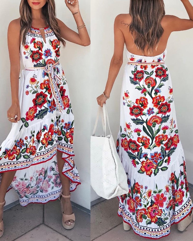 Floral Print Halter Backless Dip Hem Casual Dress