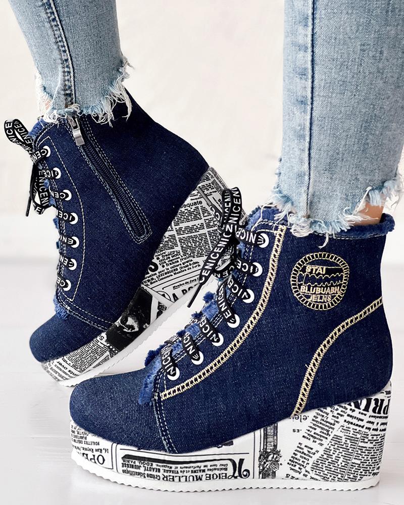 Newpaper Lace up Raw Hem Wedge Denim Ankle Boots