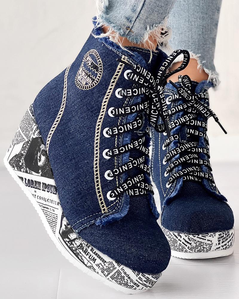 Newpaper Lace up Raw Hem Wedge Denim Ankle Boots