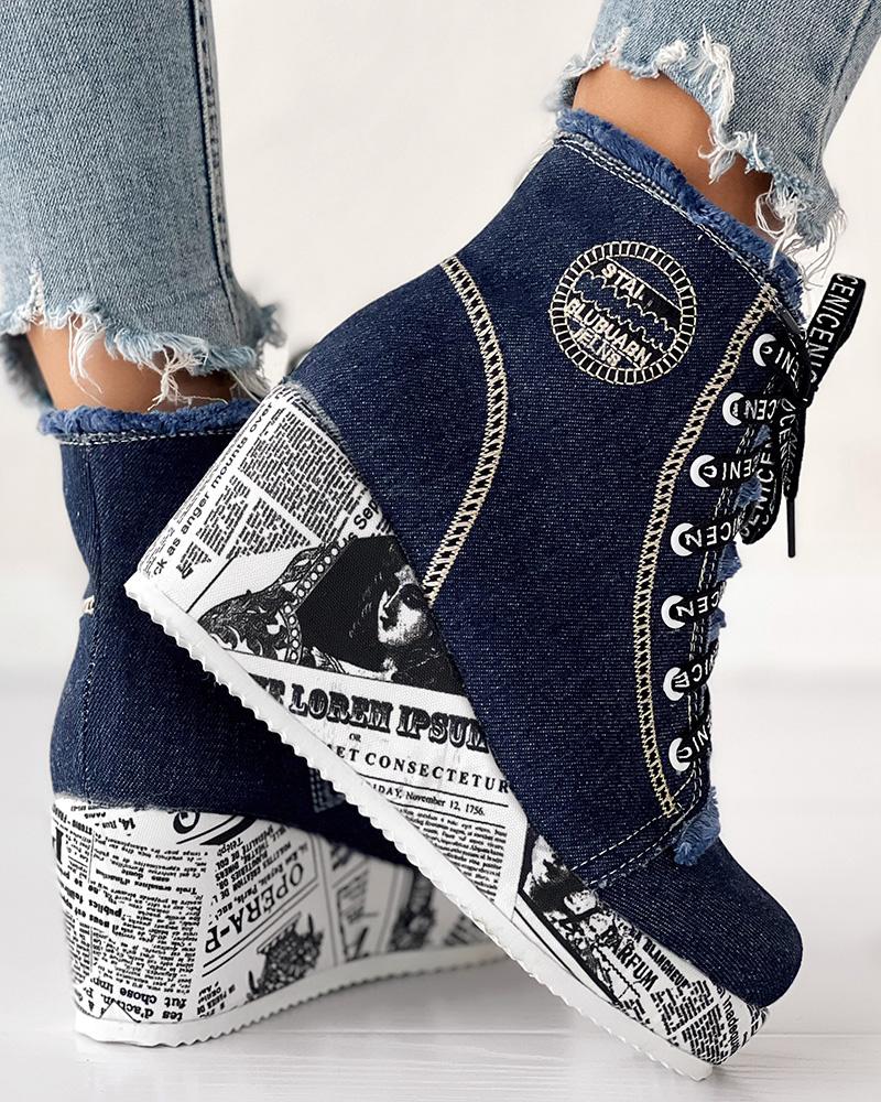 Newpaper Lace up Raw Hem Wedge Denim Ankle Boots