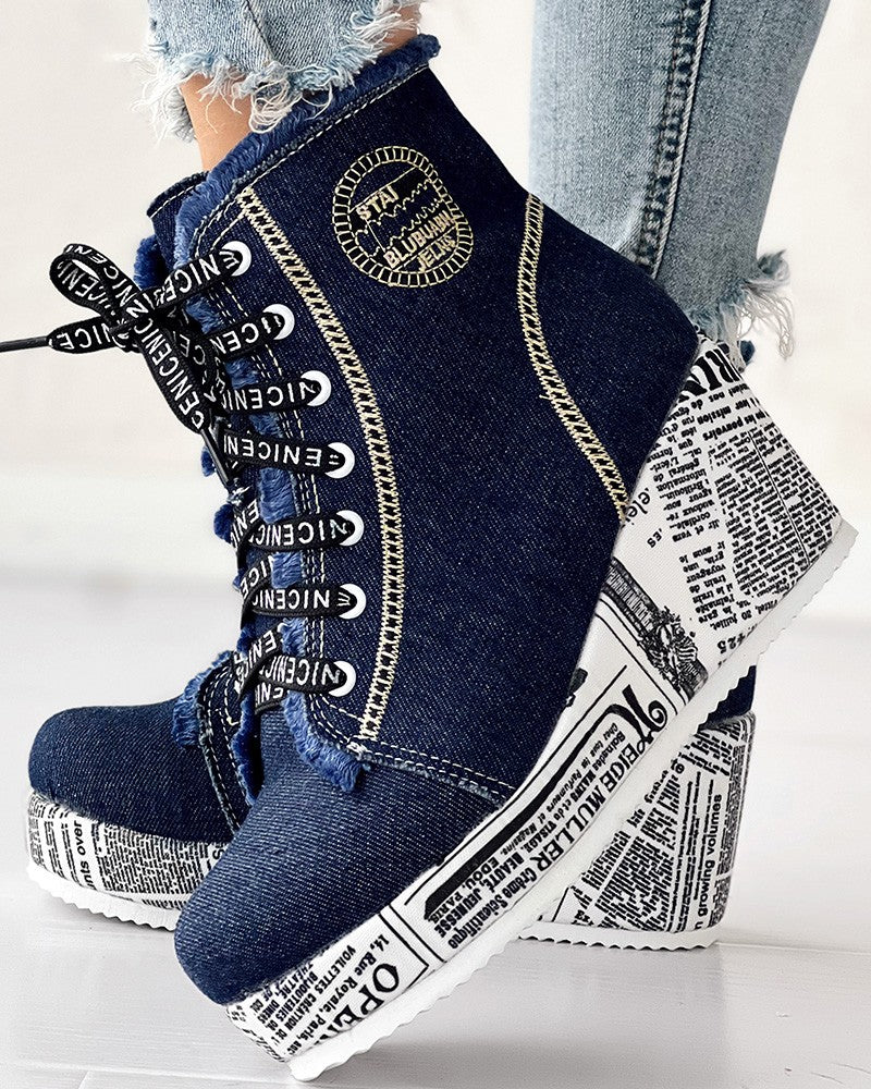 Newpaper Lace up Raw Hem Wedge Denim Ankle Boots