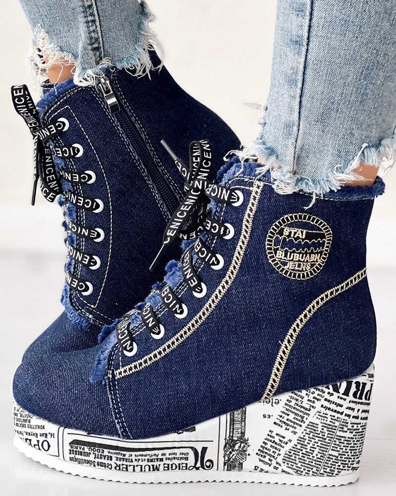 Newpaper Lace up Raw Hem Wedge Denim Ankle Boots