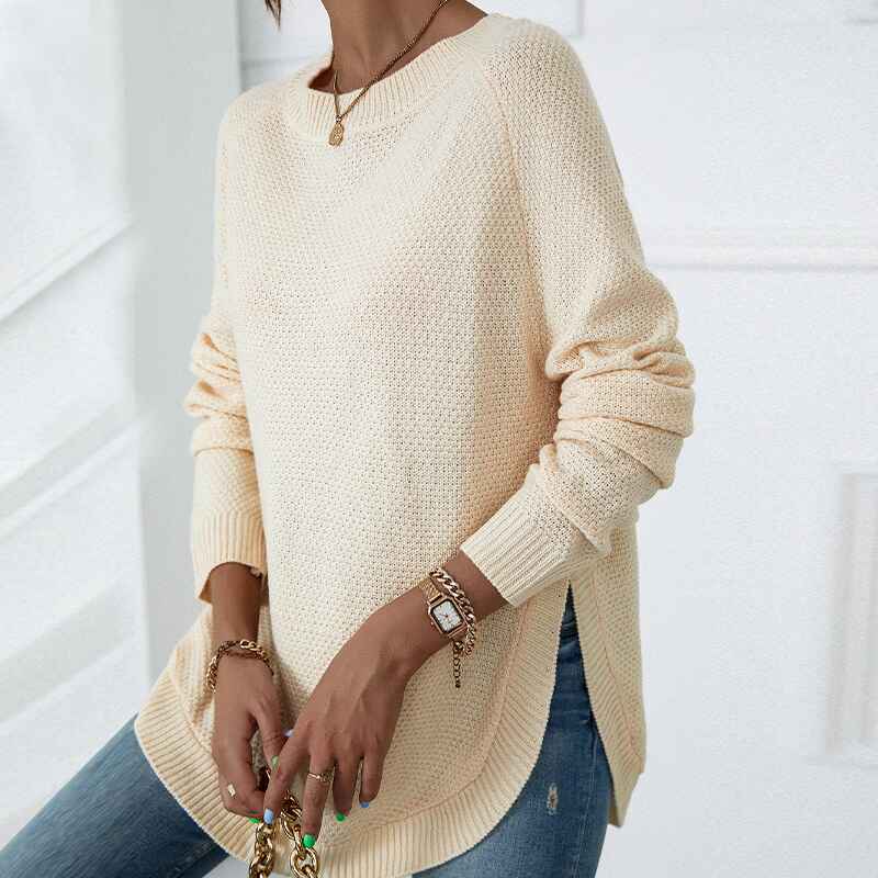     Apricot-Womens-Long-Sleeve-Oversized-Crew-Neck-Solid-Color-Knit-Pullover-Sweater-Tops-K386-Front-2