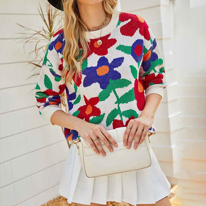 Beige-Womens-Crewneck-Long-Sleeve-Floral-Printed-Knitted-Sweater-Pullover-Tops-K430-Front