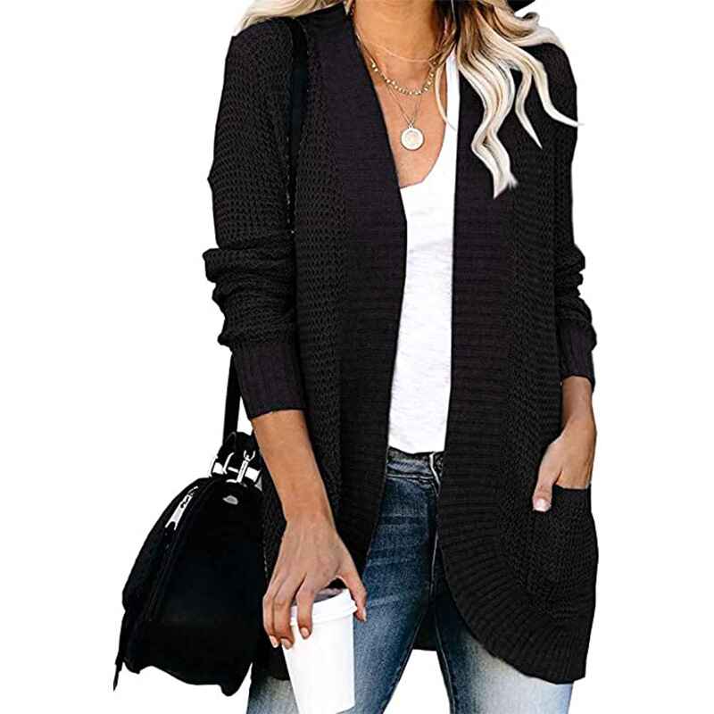    Black-FallWinterWomens-Open-Front-Long-Sleeve-Loose-Slouchy-Waffle-Chunky-Knit-Cardigan-Sweater-with-Pockets-K026