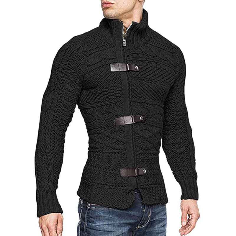 Black-Mens-Fashion-Casual-Slim-Fit-Button-Down-Cable-Knitted-Stand-Collar-Cardigan-Sweater-G031-side