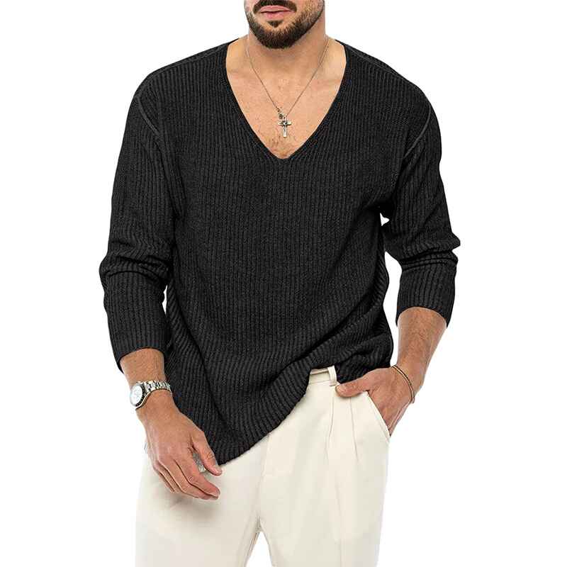 Black-Mens-Long-Sleeve-Soft-Touch-V-Neck-Sweater-G061