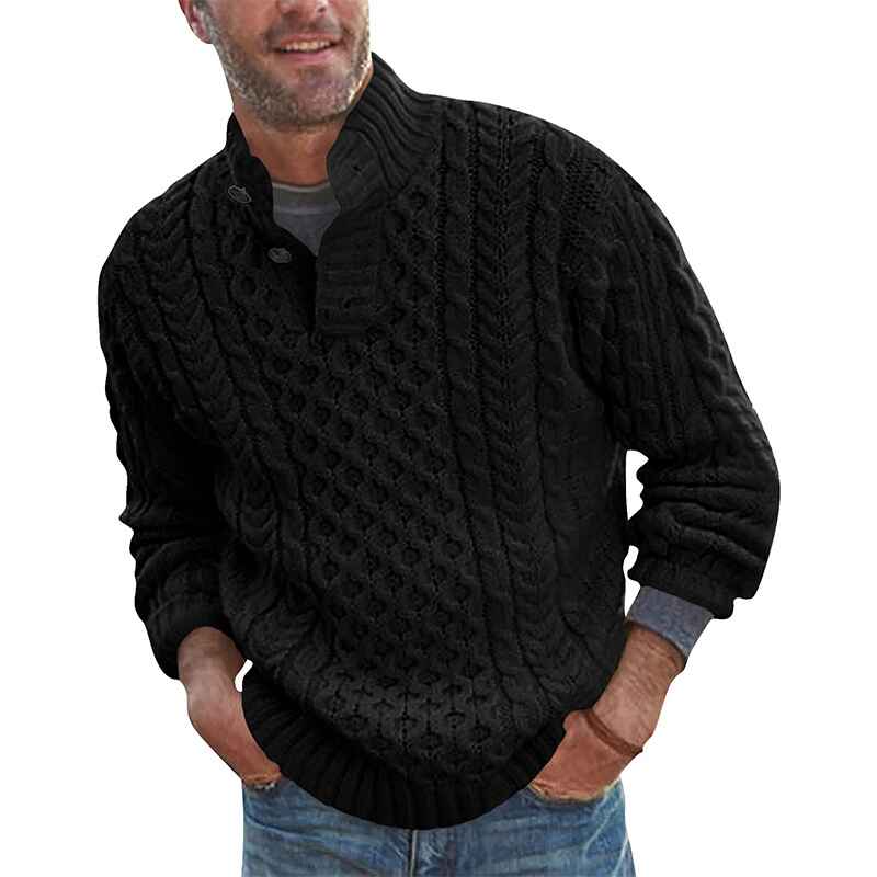 Black-Mens-Shawl-Collar-Pullover-Sweater-Slim-Fit-Casual-Button-Cable-Knit-Sweaters-G059