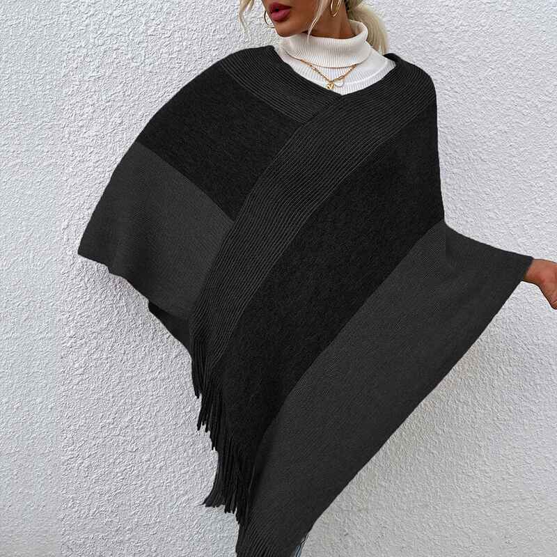 Black-Women_sElegantKnittedPonchoTopwithStripePatternsandFringedSidesK309