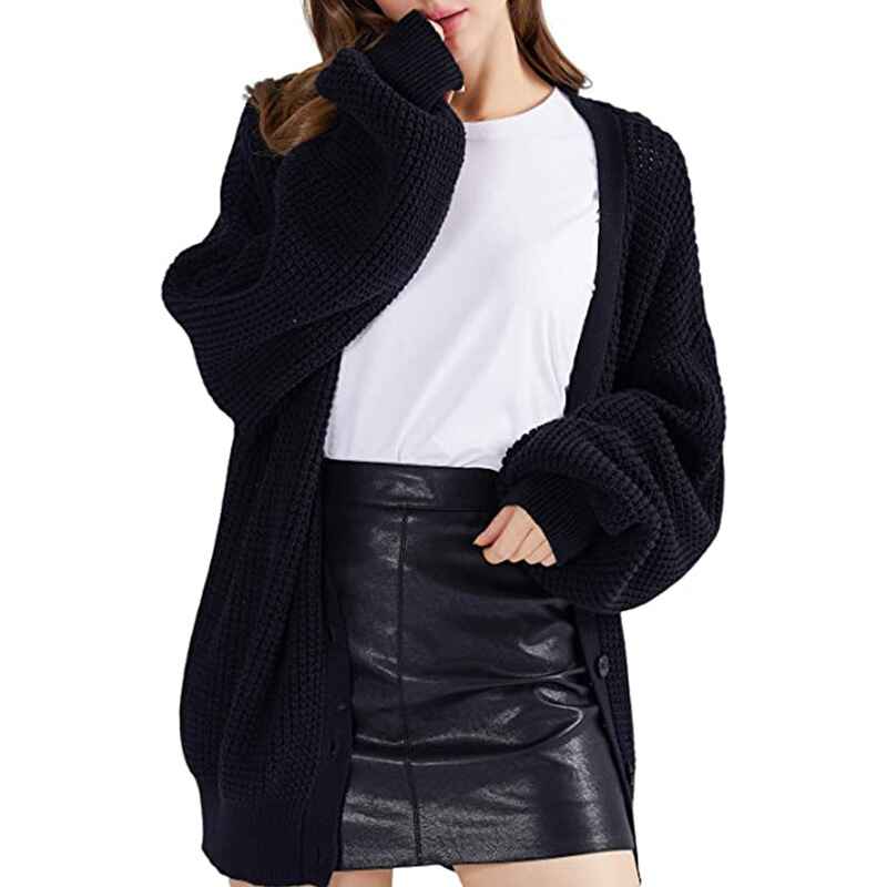 Black-Womens-Bishop-Long-Sleeve-Button-Front-Cardigan-Sweater-Coat-Solid-V-Neck-Jacket-Outerwear-K018