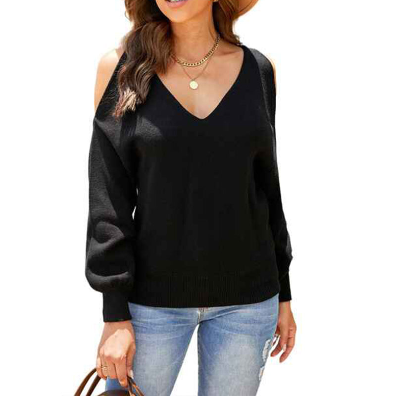 Black-Womens-Cold-Shoulder-V-Neck-Sweater-Slim-Cutout-Long-Sleeve-Pullover-Ribbed-Knit-Tops-K161