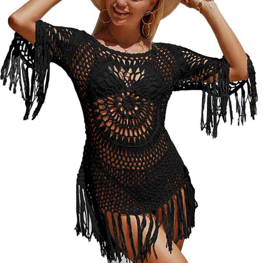    Black-Womens-Cover-Up-White-Crochet-Hollow-Out-Tassel-Swimsuit-Three-Quarter-Sleeve-K568-White-Map