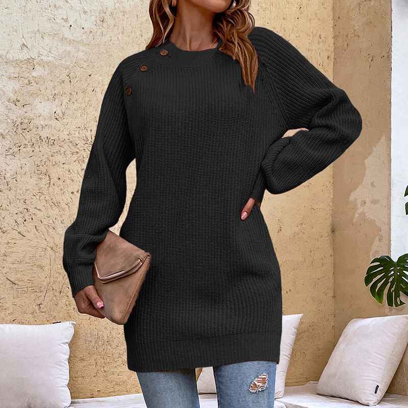 Black-Womens-Crew-Neck-Long-Sleeve-Knit-Stretchable-Elasticity-Slim-Sweater-Bodycon-Mini-Sweater-Dress-K434