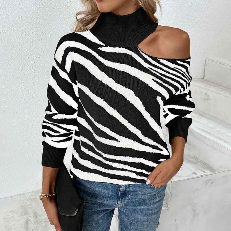 Black-Womens-Loose-Warm-Off-Shoulder-Turtleneck-Lightweight-Soft-Pullover-Cutout-Long-Sleeve-Jumper-Sweaters-K418