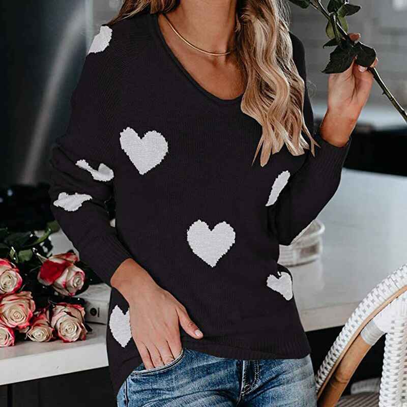 Black-Womens-Off-Shoulder-Knitted-Pullovers-Sweater-Loose-Long-Sleeve-Hearts-Printed-Tops-K048