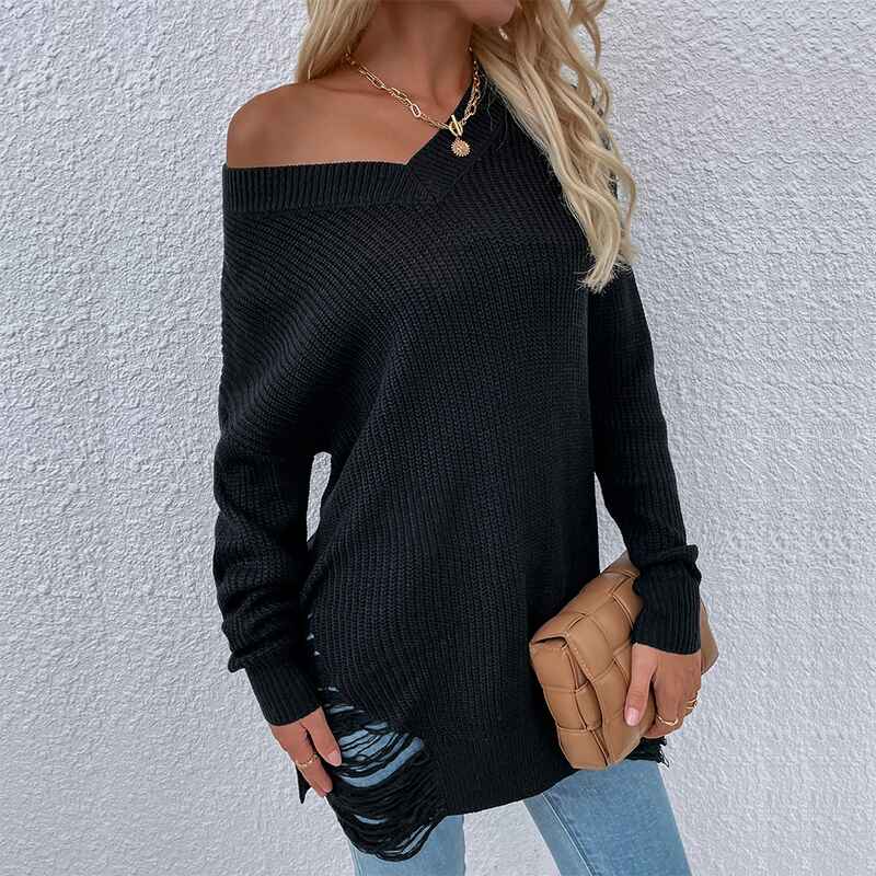 Black-Womens-Off-Shoulder-Ragged-Sweater-Fringe-Tassel-Frayed-Hem-V-Neck-Long-Sleeve-Oversized-Knitted-Pullover-Jumper-K365-Front