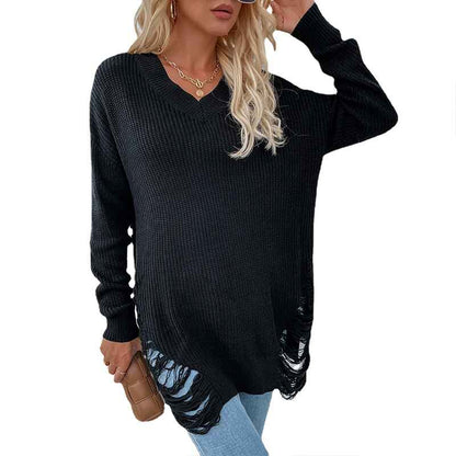     Black-Womens-Off-Shoulder-Ragged-Sweater-Fringe-Tassel-Frayed-Hem-V-Neck-Long-Sleeve-Oversized-Knitted-Pullover-Jumper-K365