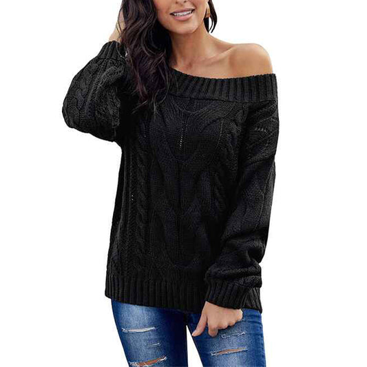 Black-Womens-Off-Shoulder-Sweater-Batwing-Sleeve-Loose-Oversized-Pullover-Knit-Jumper-K178-Front