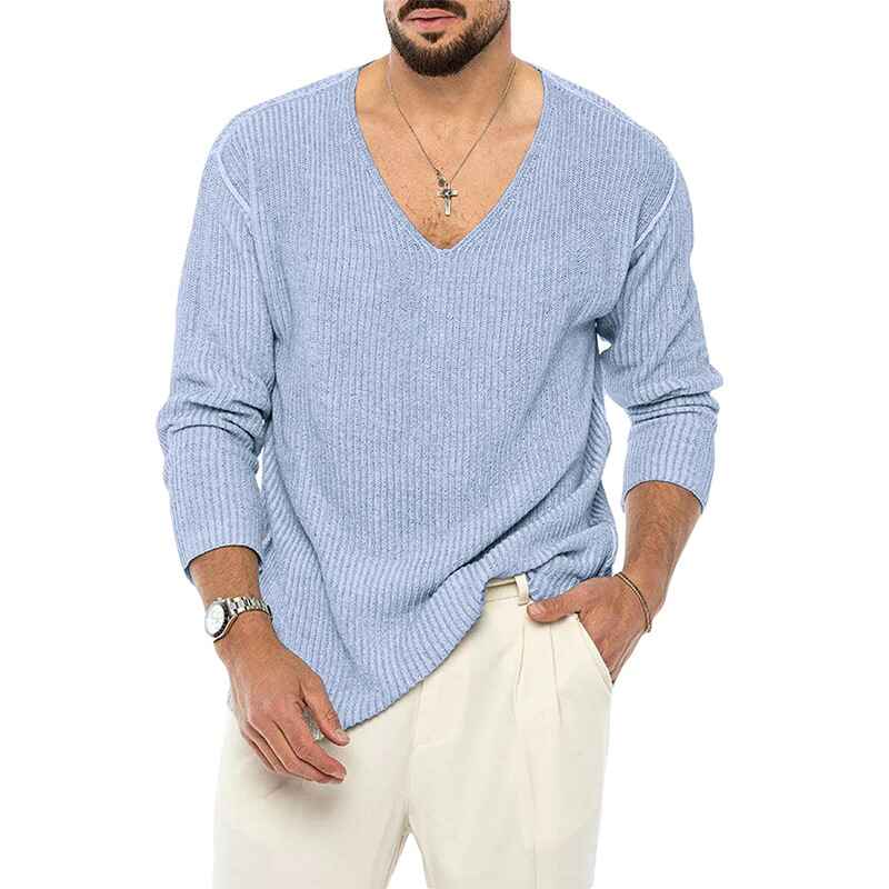Blue-Khaki-Mens-Long-Sleeve-Soft-Touch-V-Neck-Sweater-G061