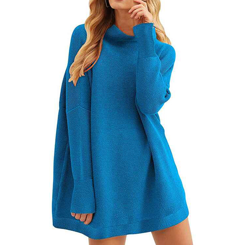    Blue-Women-Polo-Neck-Long-Slim-Fitted-Dress-Bodycon-Turtleneck-Cable-Knit-Sweater-K021