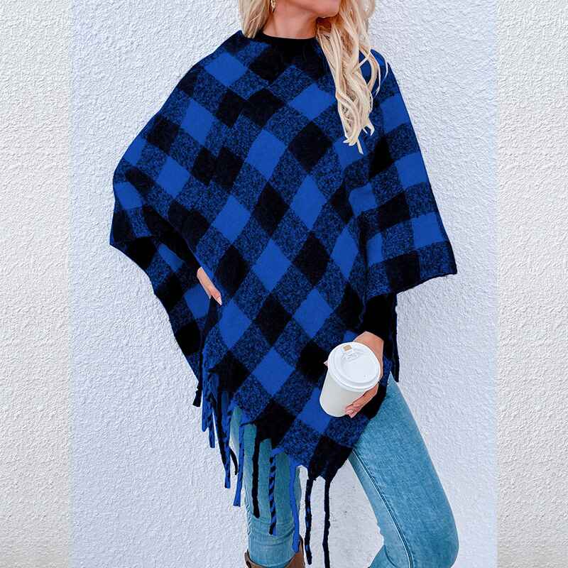     Blue-Womens-Boho-Open-Front-Poncho-Cape-Oversize-Knitted-Plaid-Shawl-Wrap-Cardigan-Sweater-K323